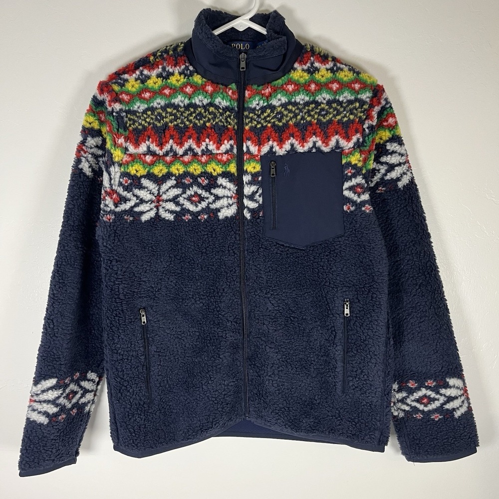 Polo Ralph Lauren Boys Large Fair Isle‎ Teddy Fleece Zip Jacket Navy Blue